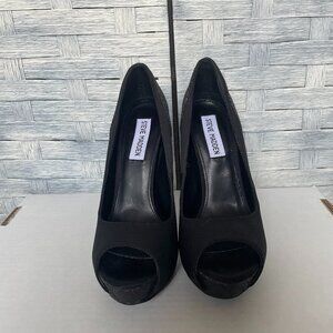 Steve Madden Stiletto Heel P-Tessi Open Toes Pump Black Satin Sequin look sz 6.5